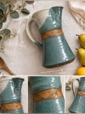 Handmade Studio Pottery Pitcher – Teal Glaze with Carved Band in Brown 7 Cup